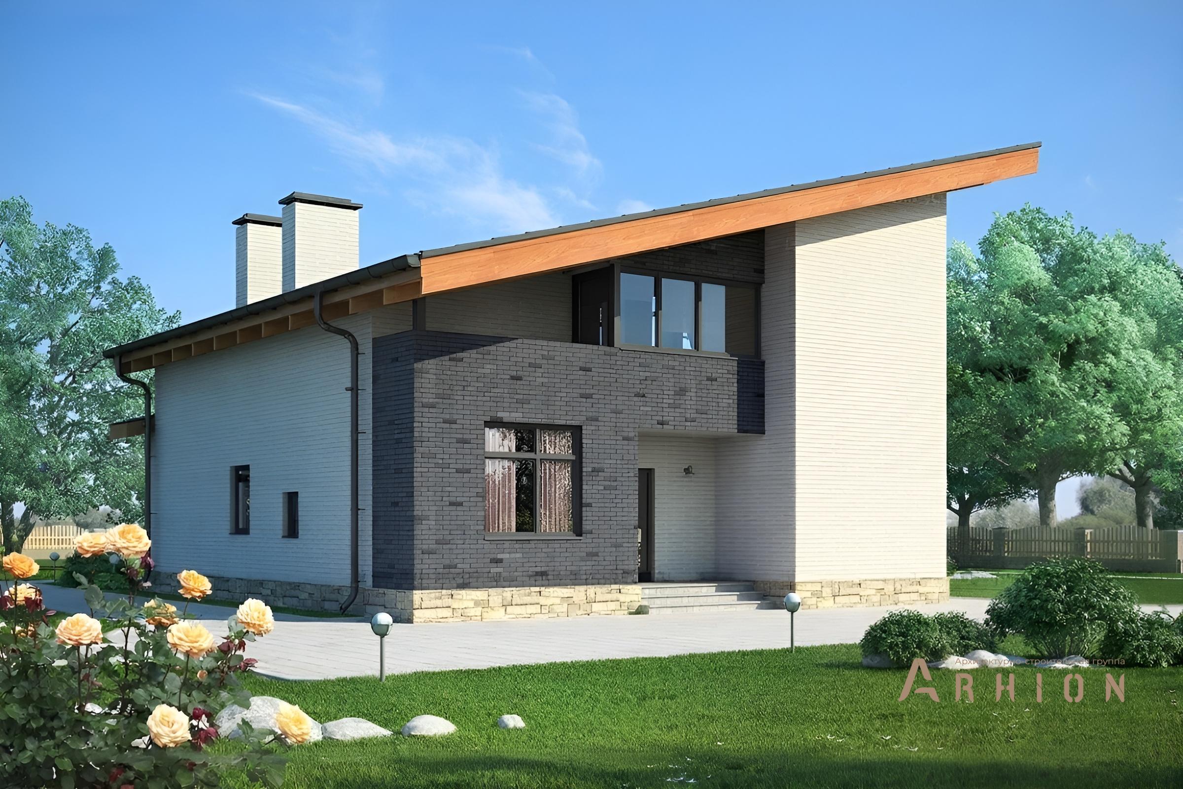 2. Проект двухэтажного дома в современном стиле с односкатной кровлей, cp-80-26, площадью - 183 кв c терассой, балконом